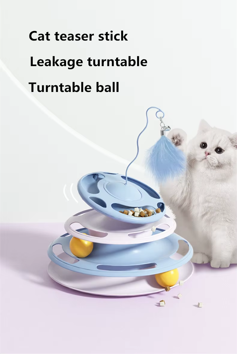 Multi-level cat toy with rolling turntable balls.