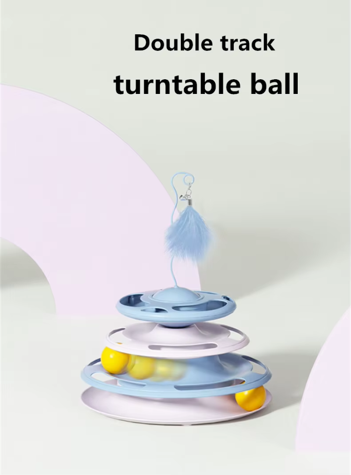 Multi-level cat toy with rolling turntable balls.
