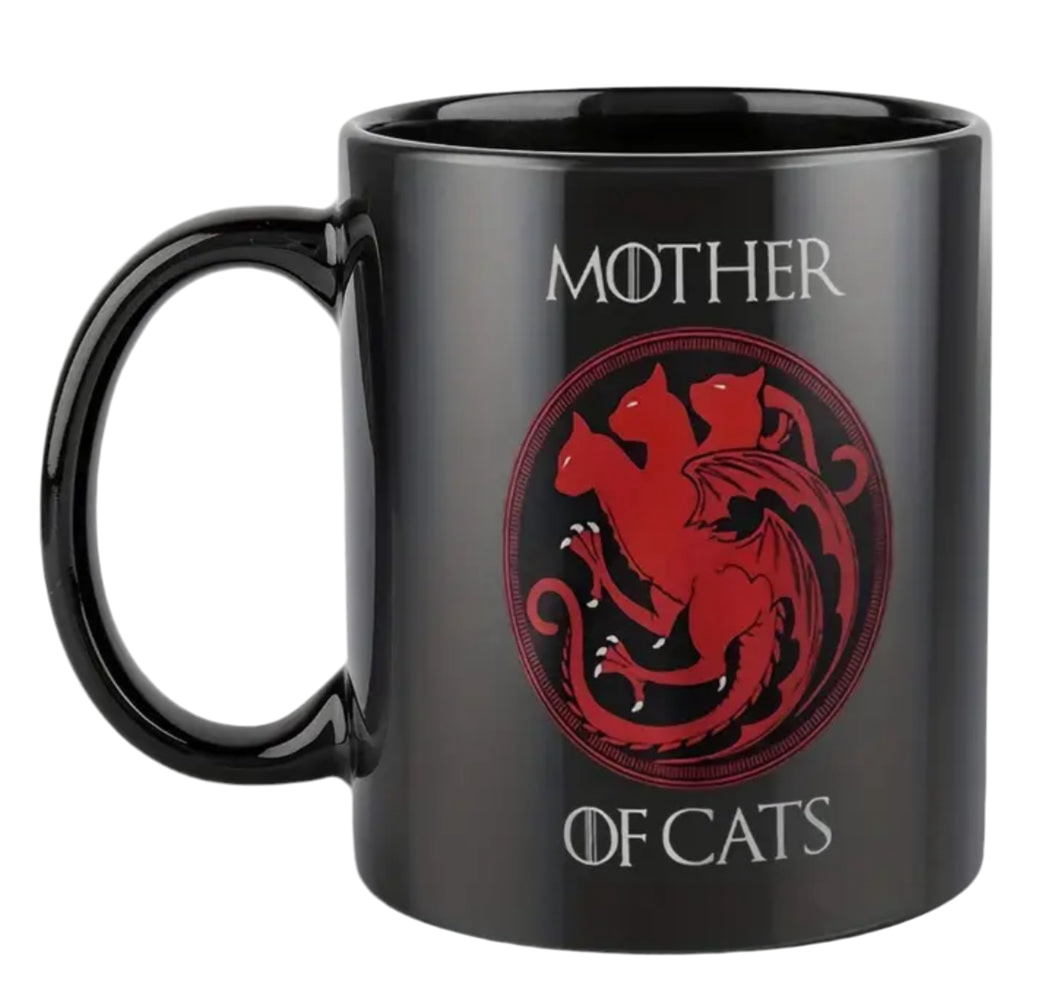 Mother of Cats black ceramic mug with red cat emblem