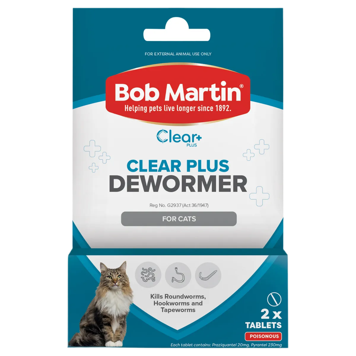 A close-up of the Bob Martin Vetcare Dewormer pack (2 Tablets) for cats and kittens, providing fast-acting treatment against roundworms, hookworms, and tapeworms.