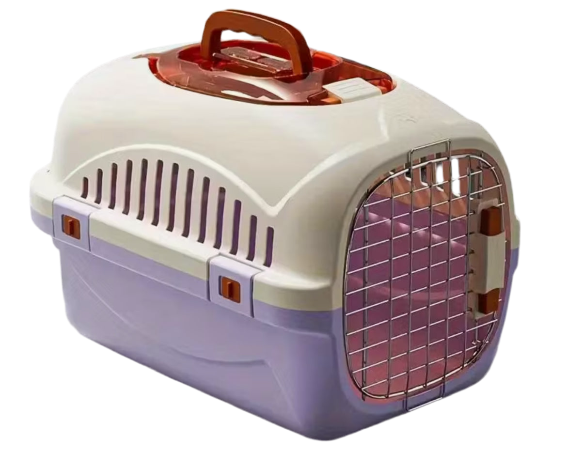 Durable top-load cat carrier with front metal gate.