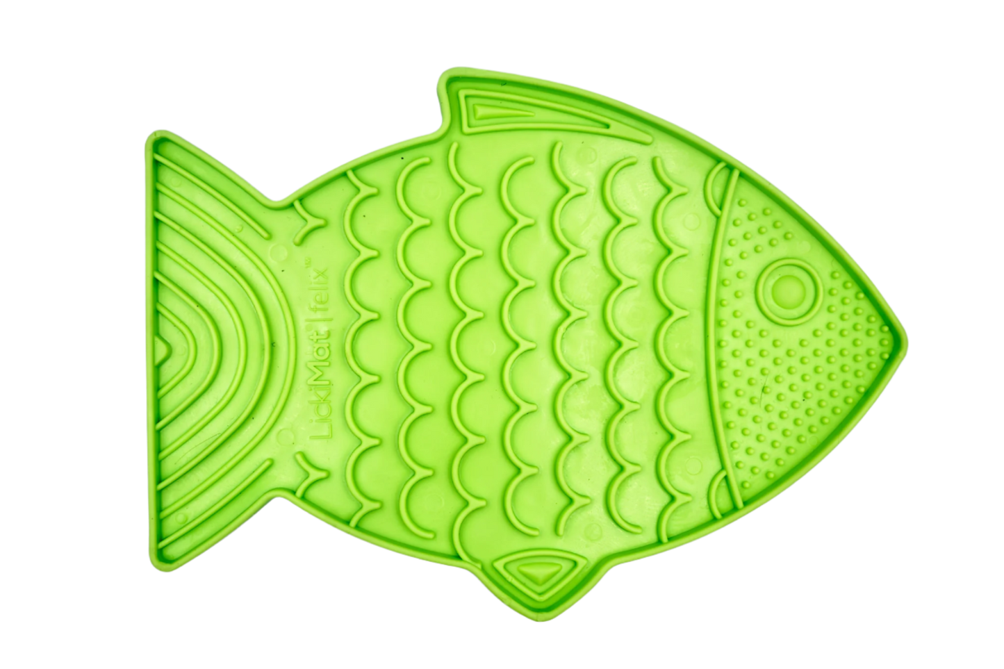 green fish-shaped textured feeding mat for cats