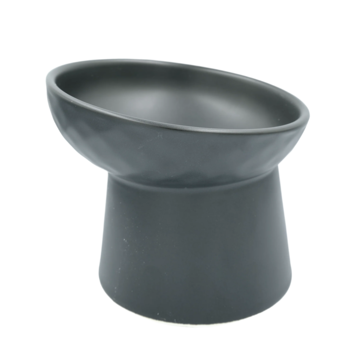black tilted ceramic cat bowl with elevated base
elevated ceramic pet bowl with slanted design for cats
tilted raised ceramic cat food bowl with kibble
modern black ceramic cat water and food bowl