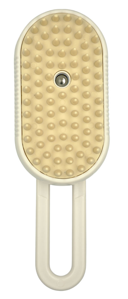 cat grooming brush in khaki with mist spray function – front view