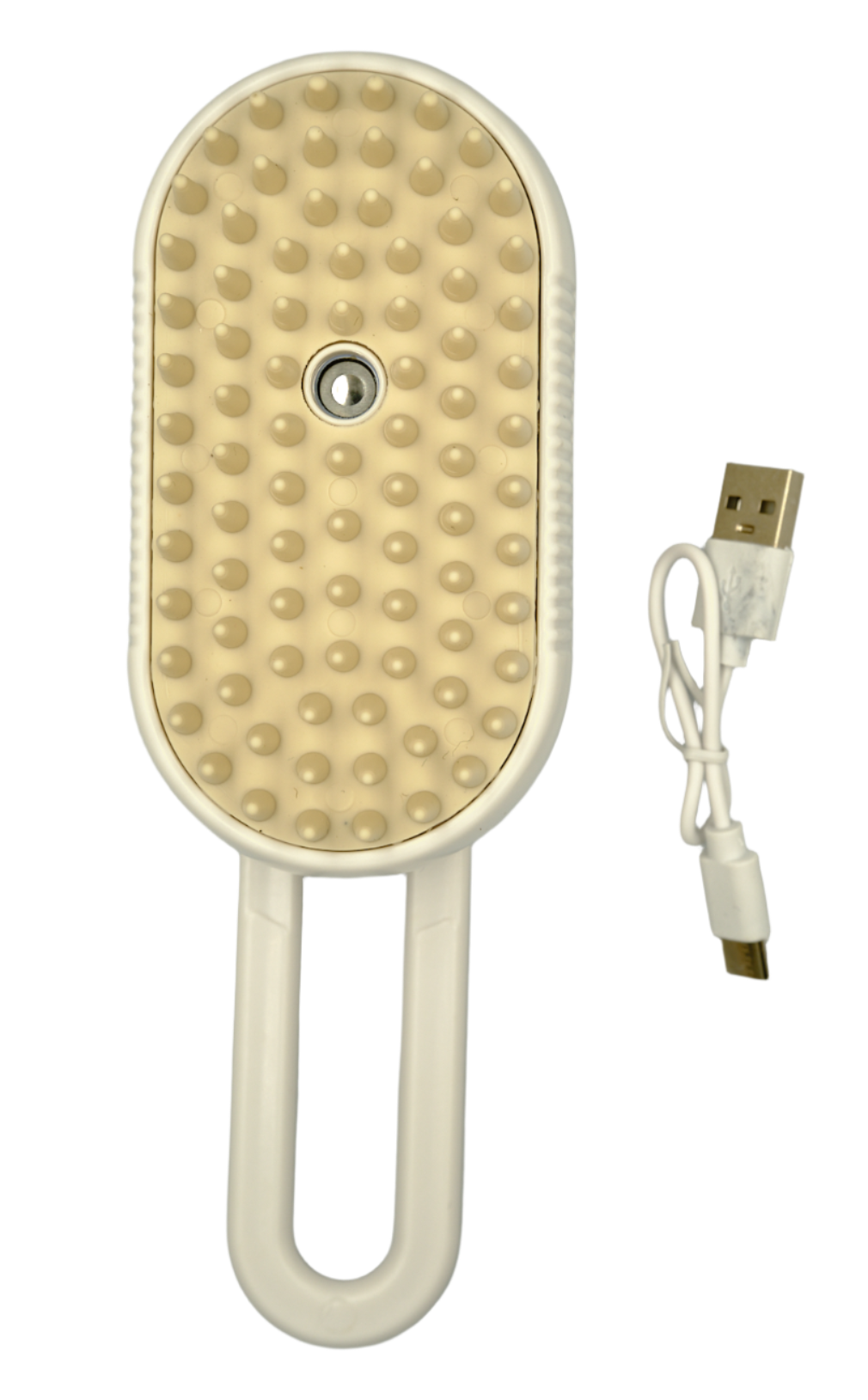 cat grooming brush in khaki with mist spray function – front view
