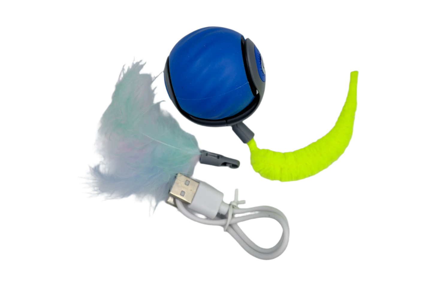 blue rolling cat toy ball with attached feather tail