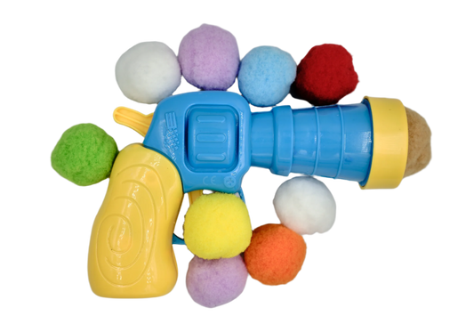 interactive cat toy blaster with colourful plush balls – The Pomfather
blue and yellow cat toy pistol with pom-pom ammo – side view
cat toy ball blaster with 20 soft pom-poms for indoor play