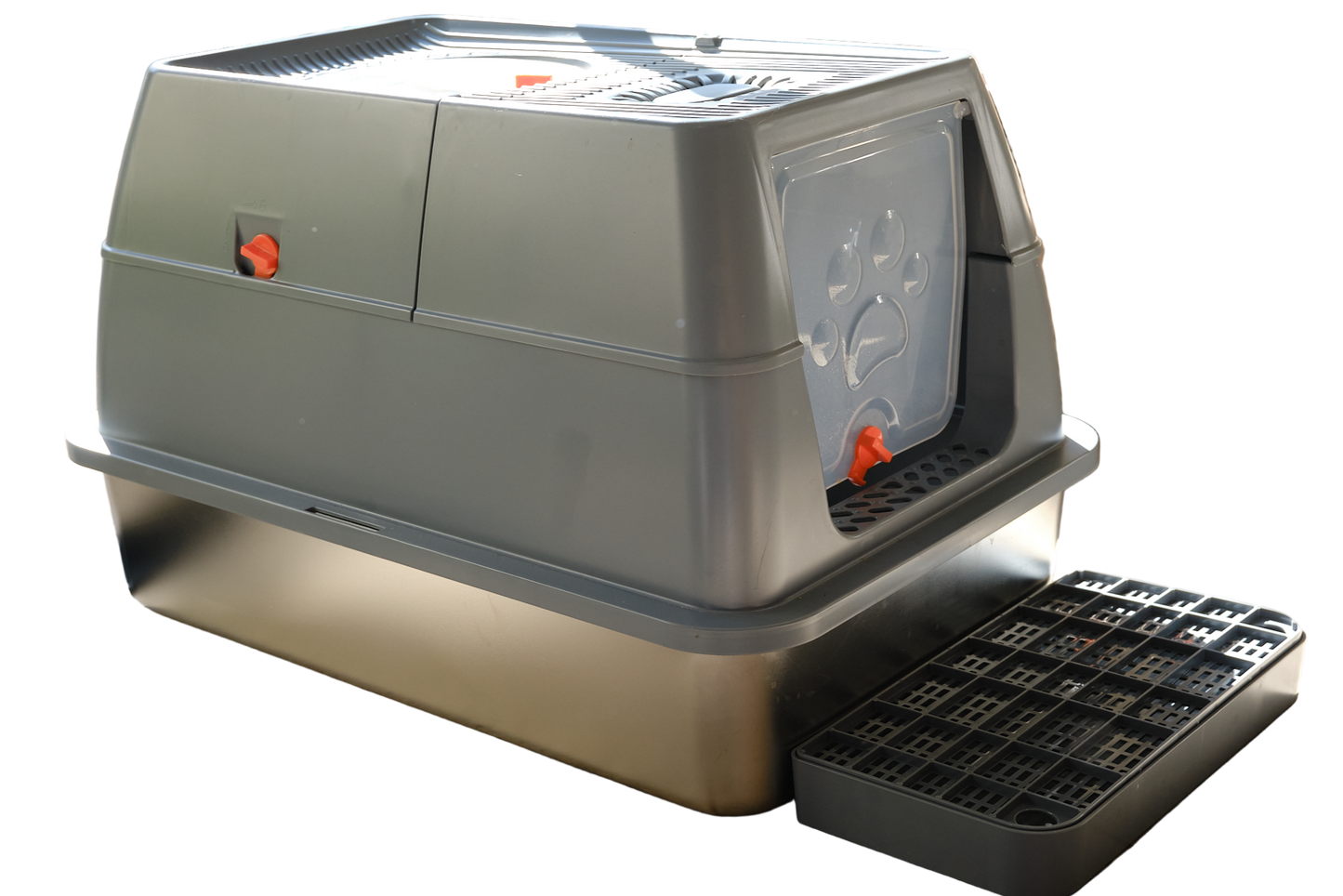 A stylish large enclosed satinless steel cat litter tray with a removable plastic enclosure. The enclosure as a front and roof door. The top of the enclosure can be removed to form an open litter tray with a rim to avoid spills. A stylish step is placed in front of the tray to capture spills.