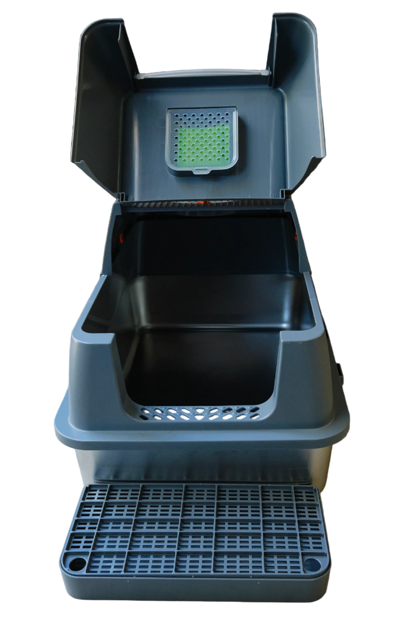 A stylish large enclosed satinless steel cat litter tray with a removable plastic enclosure. The litter box has a grey plastic scoop on the side and the cover is remocable.