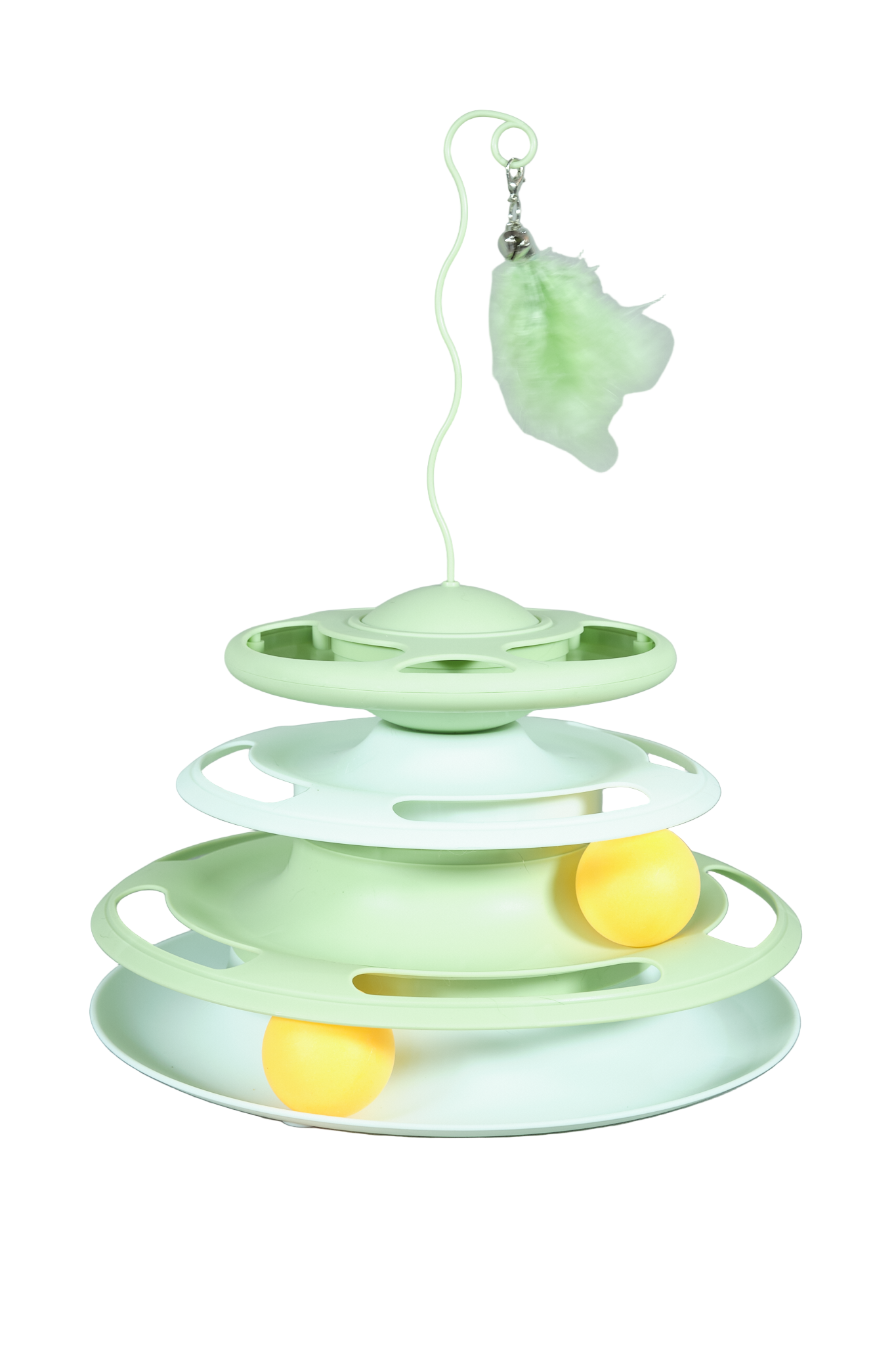 The Shakedown interactive cat toy with feather stick and treat dispenser in green.