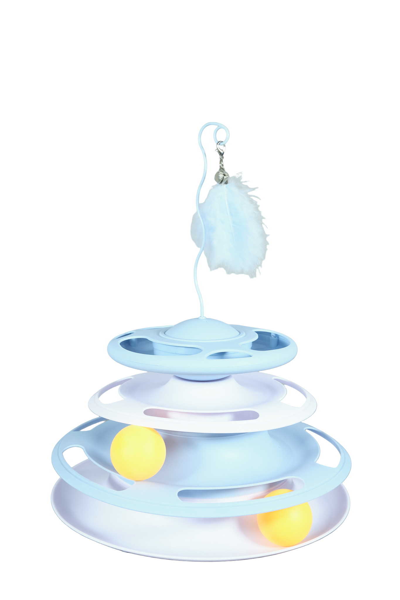 The Shakedown interactive cat toy with feather stick and treat dispenser in blue.