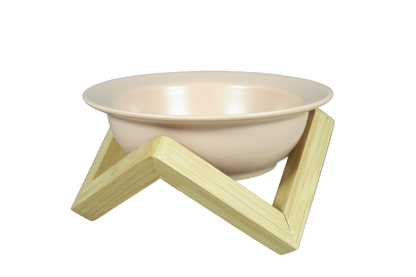 Pink elevated ceramic cat bowl on bamboo stand.