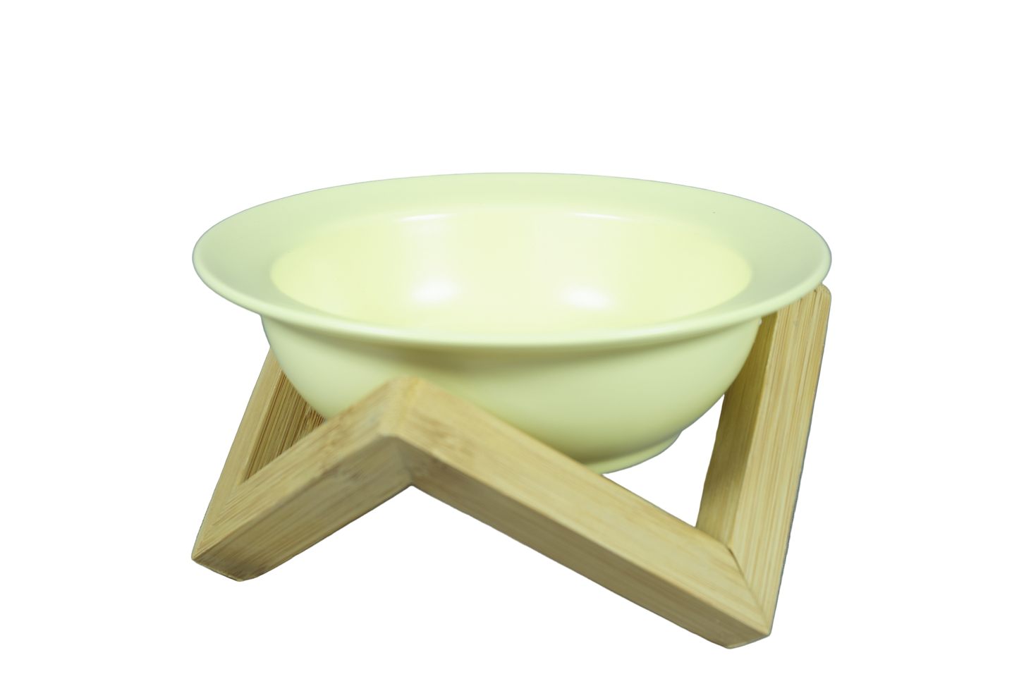 Yellow elevated ceramic cat bowl on bamboo stand.