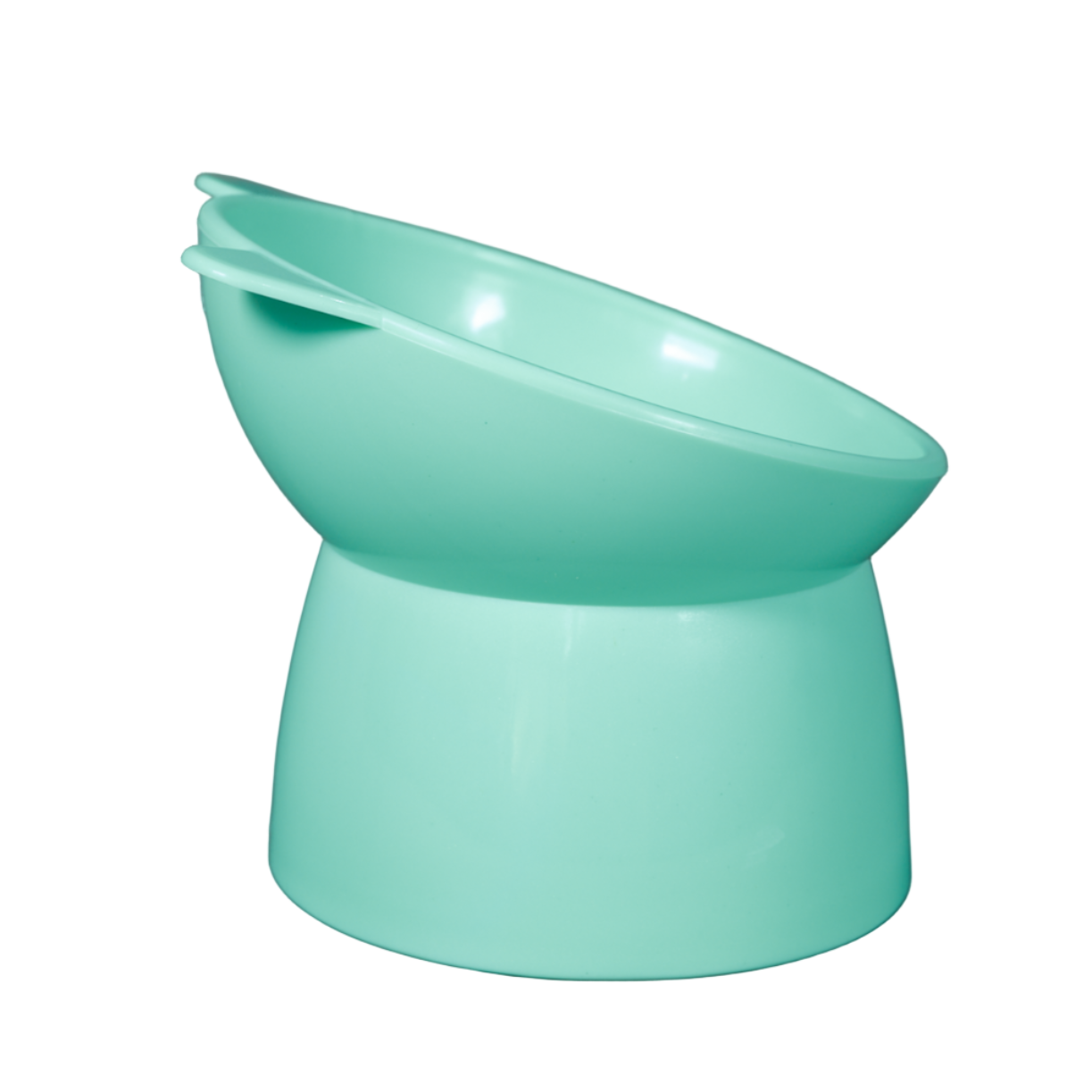 Green elevated plastic cat bowl side view.