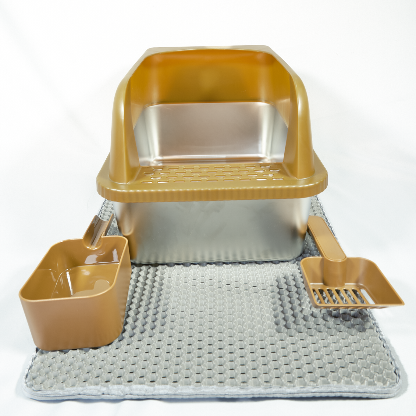 The Clean Getaway | Stainless Steel Cat Litter Box with High Walls, Scoop & Mat