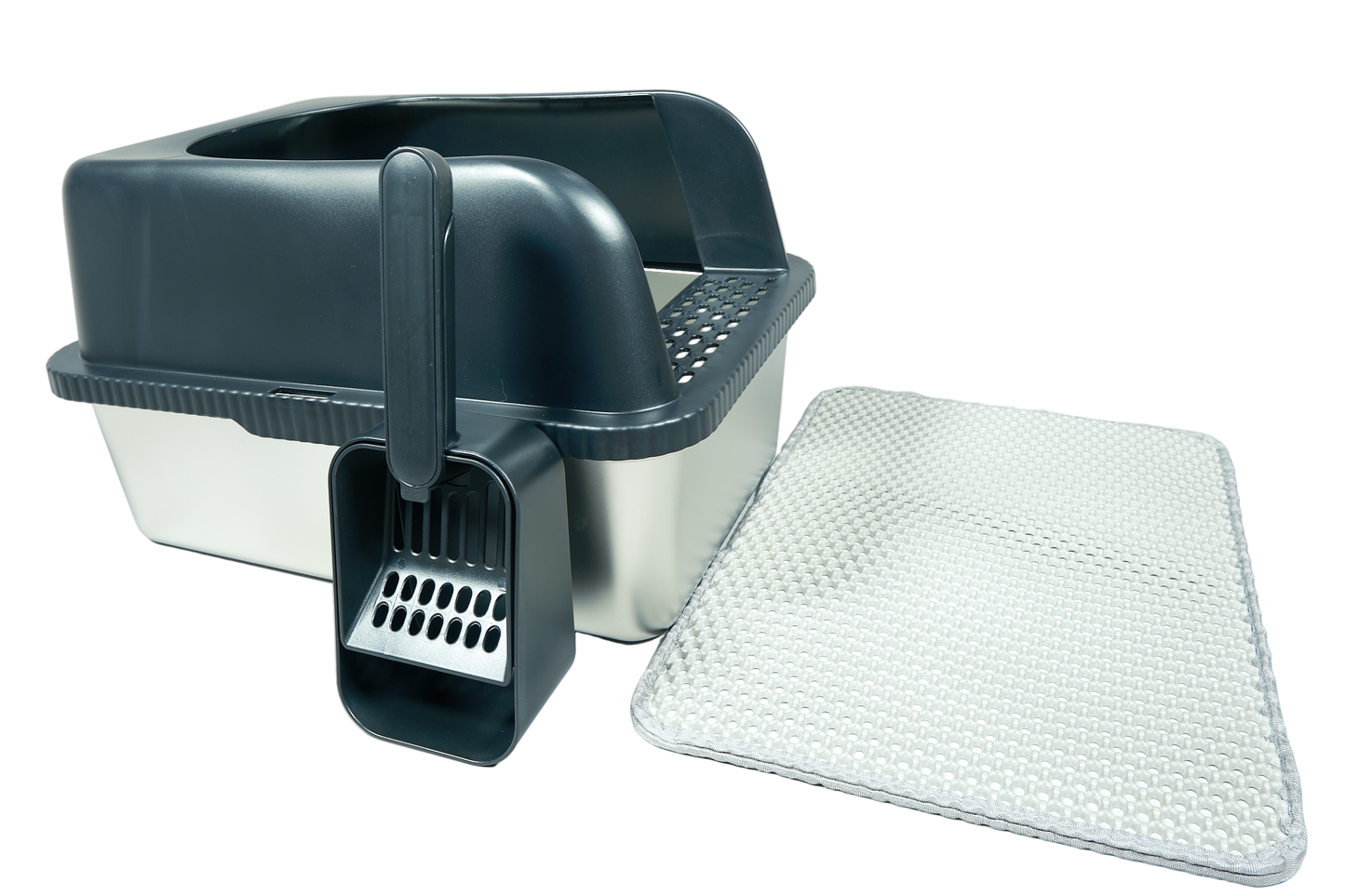 The Clean Getaway | Stainless Steel Cat Litter Box with High Walls, Scoop & Mat