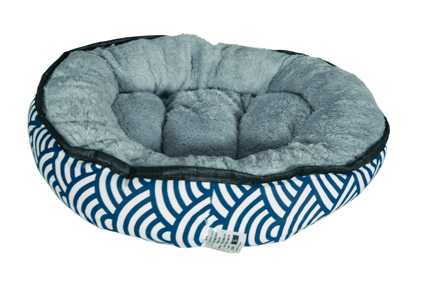 kitten bed in grey and blue pattern