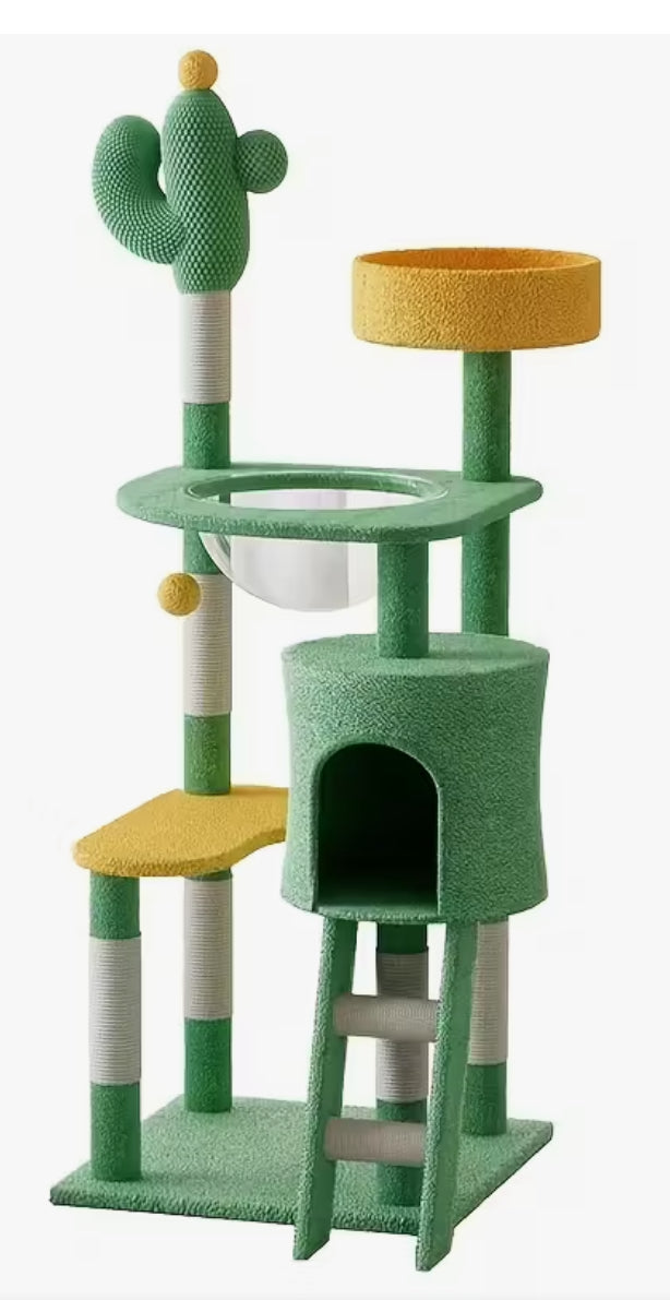 Multi-level cactus cat tower with scratching posts and clear capsule bed.