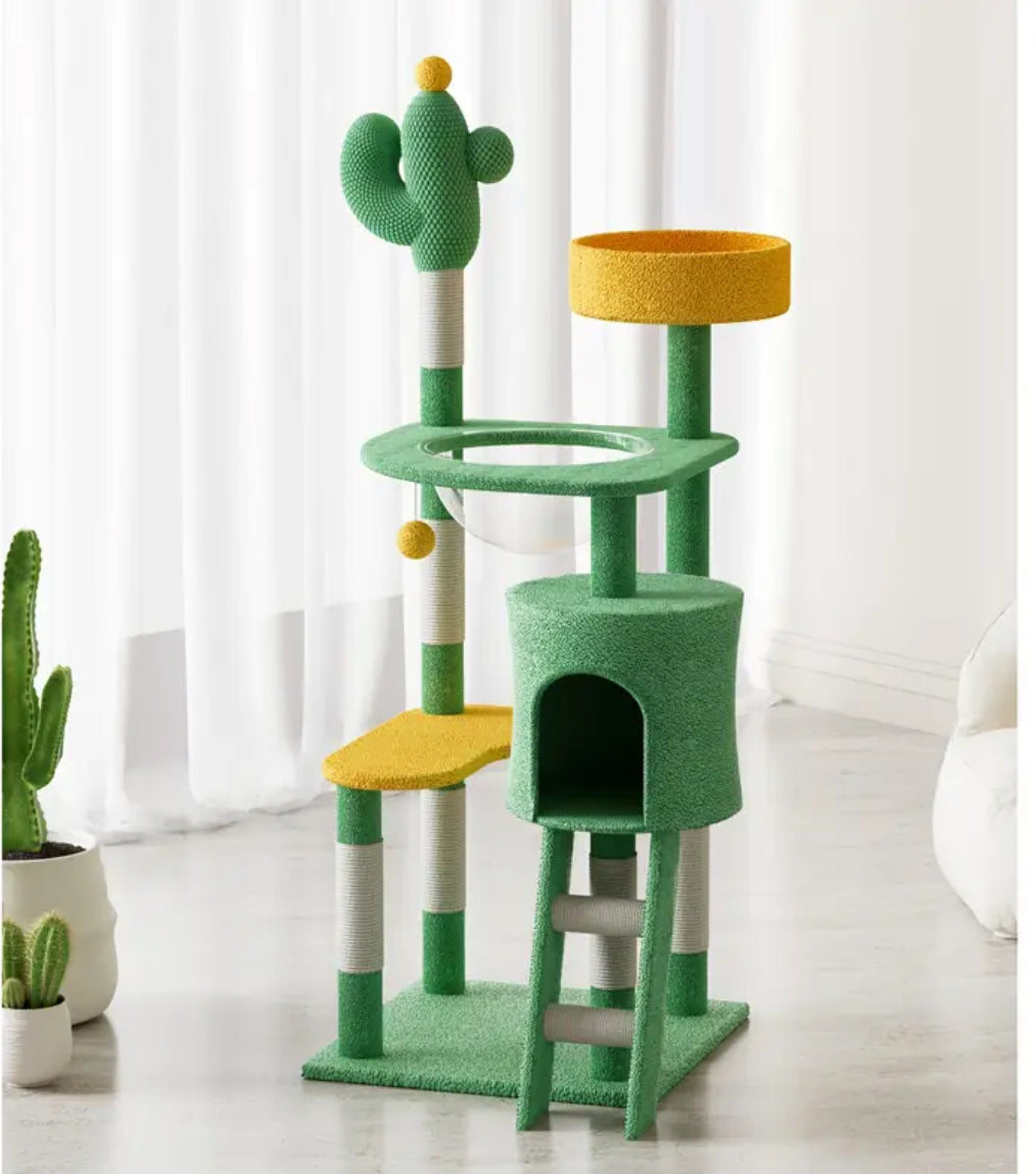 Multi-level cactus cat tower with scratching posts and clear capsule bed.
