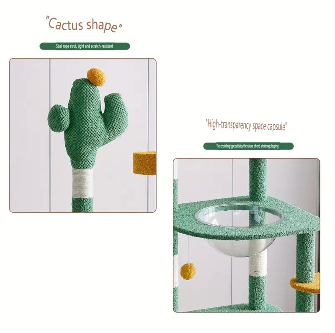 Close-up of cactus-shaped scratching post on cat tree.