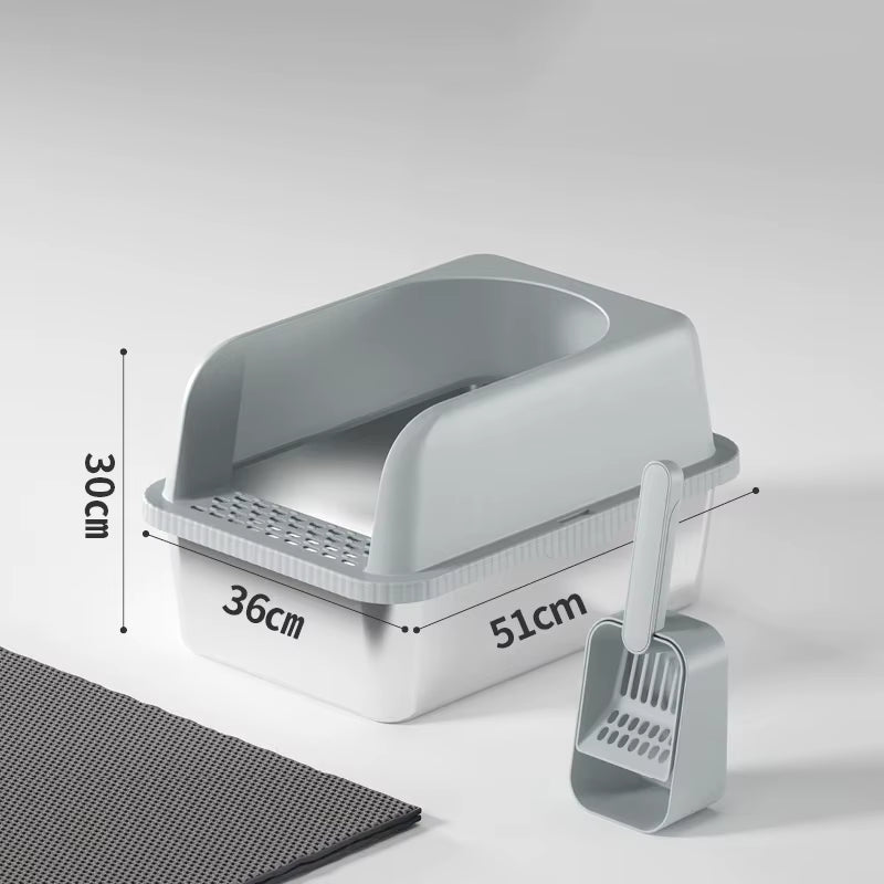 Light grey stainless steel litter tray showing 51×36×30 cm dimensions with scoop and mat.
