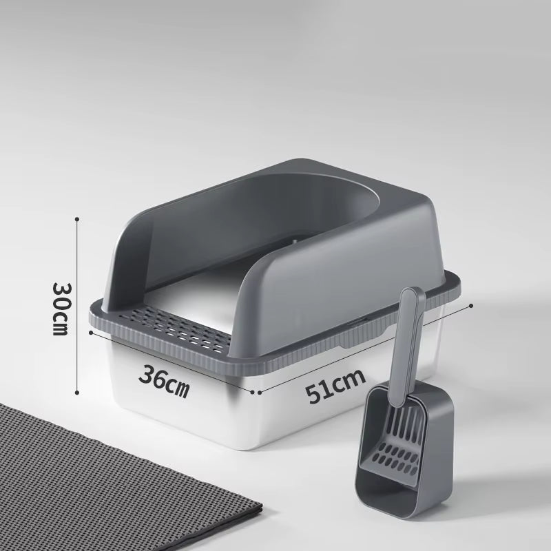 Dark grey stainless steel cat litter box, high-wall anti-splash guard, scoop and mat.