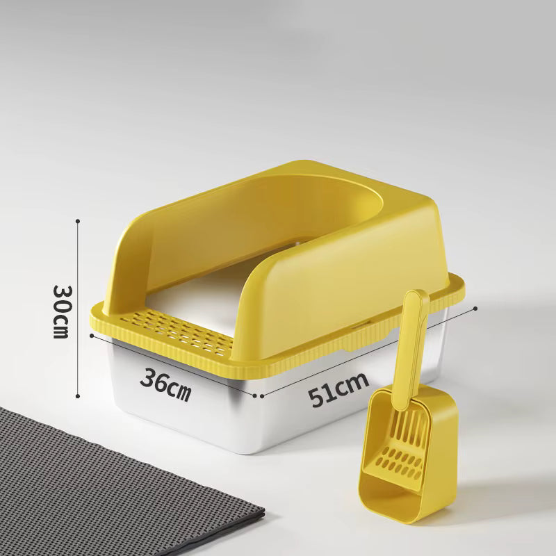 Yellow stainless steel litter tray, large size with high sides, scoop and mat.