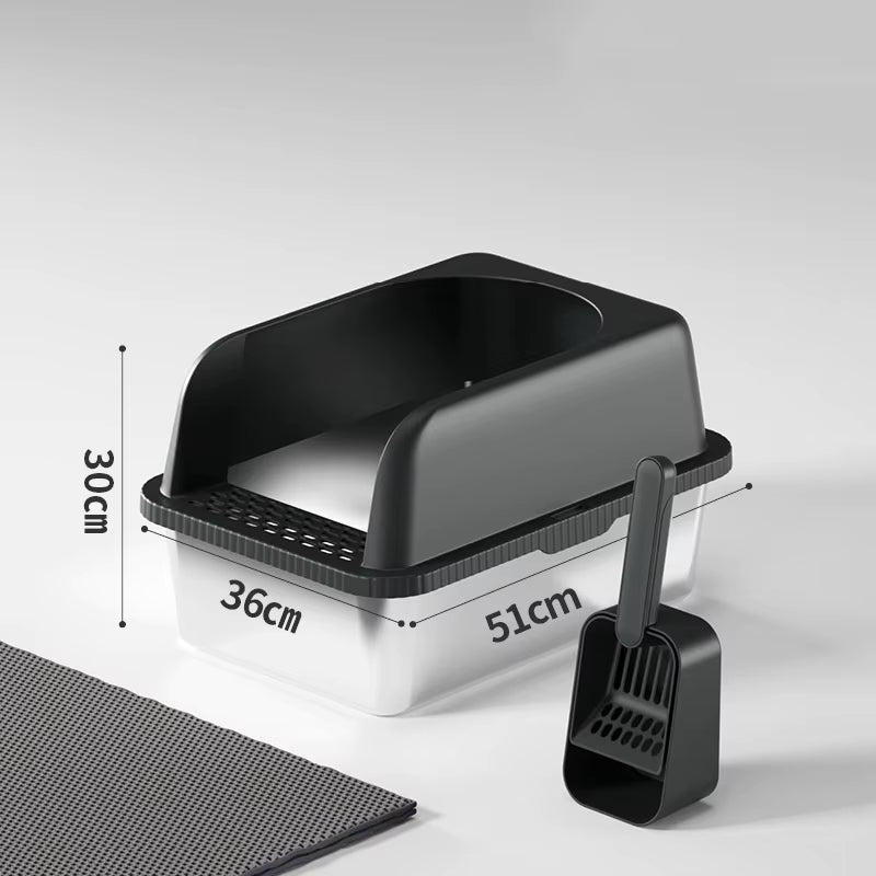 Black stainless steel litter box with included sifting scoop and matching mat.