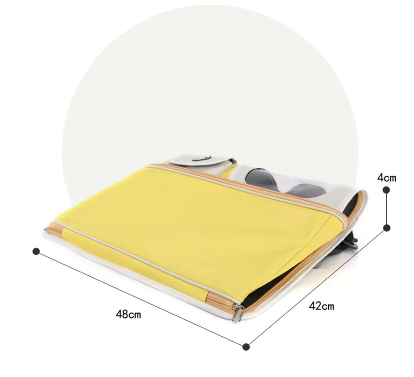 Folded view of yellow cat carrier with dimensions 46×26×28 cm