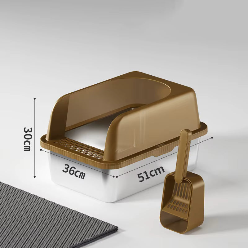 Brown stainless steel cat litter box with high walls, sifting scoop and mat.