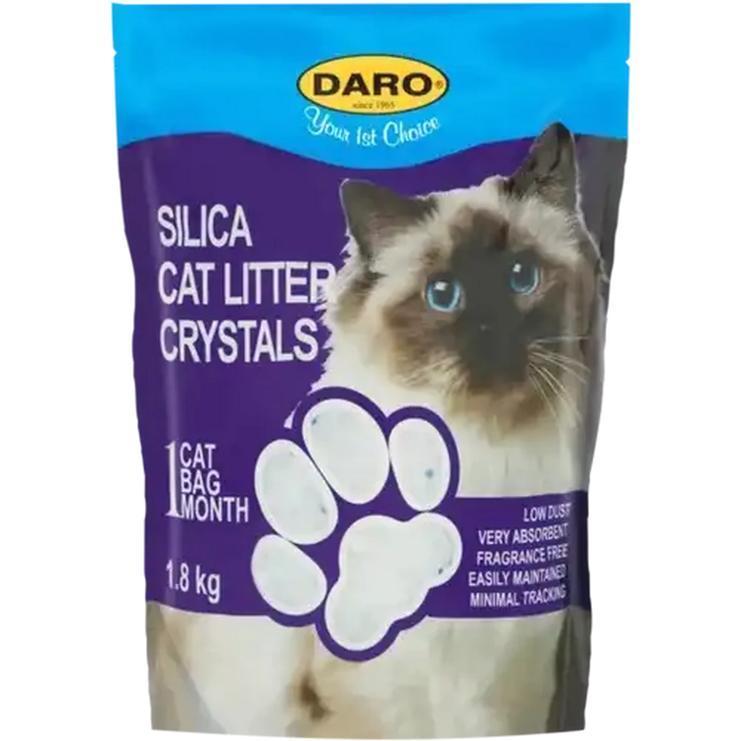 Daro silica cat litter crystals 1.8 kg bag. fragrance free low dust cat litter crystals. silica cat litter for one cat one month supply.