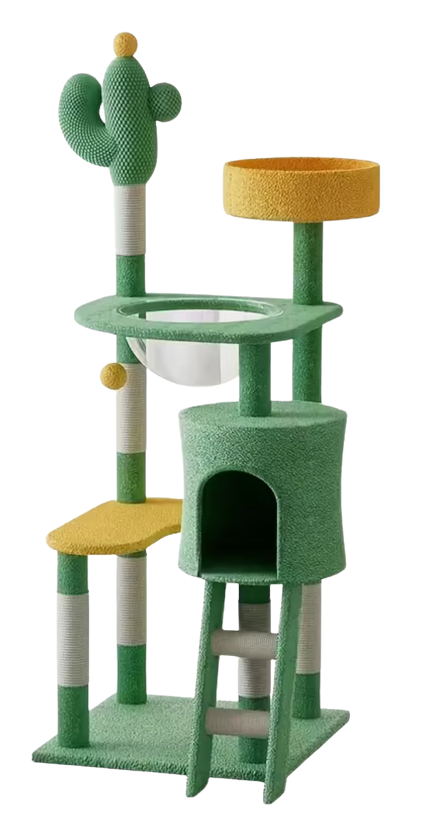 Cactus compound cat tree with green and yellow platforms, condo, and perch.
