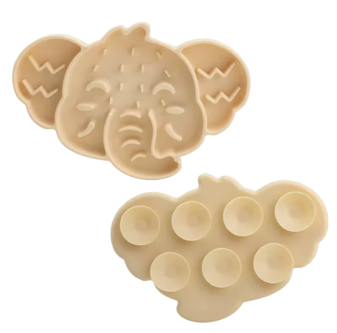 Brown elephant slow feeder mat for cats with suction cups. Back view of elephant feeder mat showing suction cups