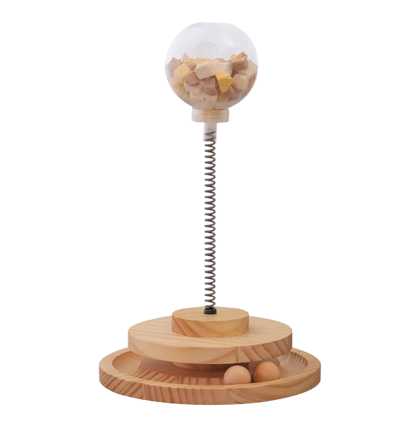 cat slow feeder treat toy with wood base and spring globe