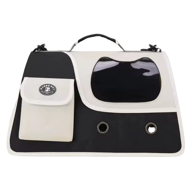 Black foldable cat carrier bag with ventilation holes and window