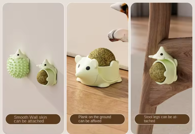 Close-up of hedgehog catnip toy attached to furniture leg