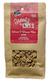 Treatz for Cats Salmon and Brown Rice flavour cat treats 80g pouch front