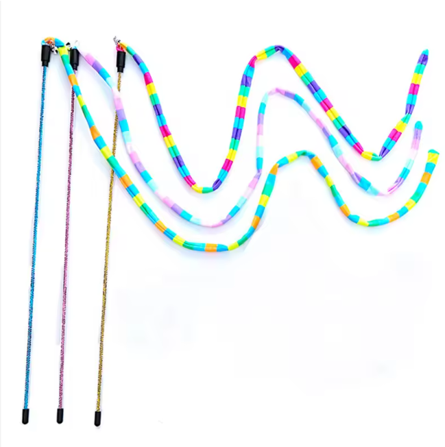 Three colourful cat teasers with a glitter-infused wand and colourful linen teaser.