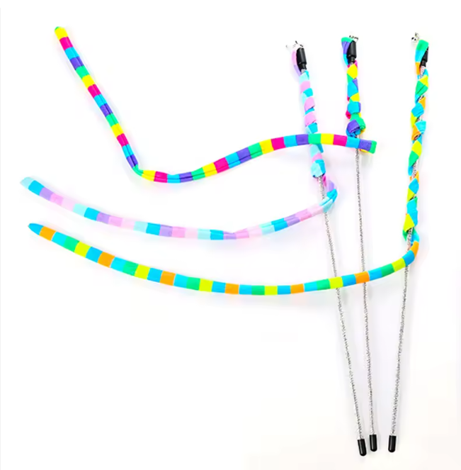 Three colourful cat teasers with a glitter-infused wand and colourful linen teaser.