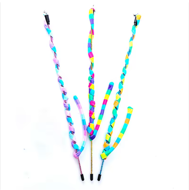 Three colourful cat teasers with a glitter-infused wand and colourful linen teaser.