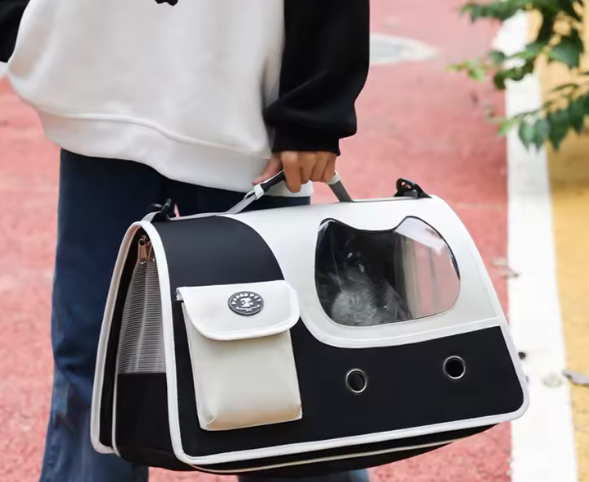 Black foldable cat carrier bag with ventilation holes and window