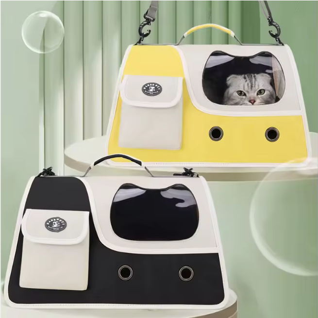 Multiple foldable cat carriers in black and green.