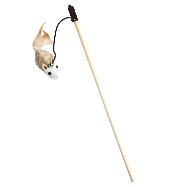 mouse-shaped jute lure attached to cat wand