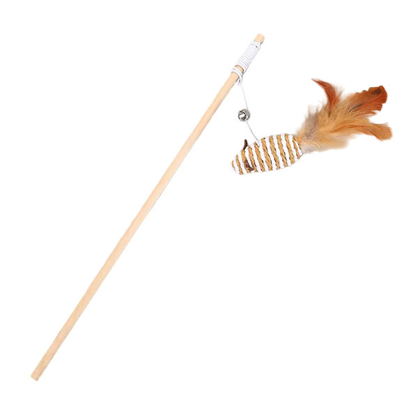 cat feather wand toy with wooden pole and jute lure