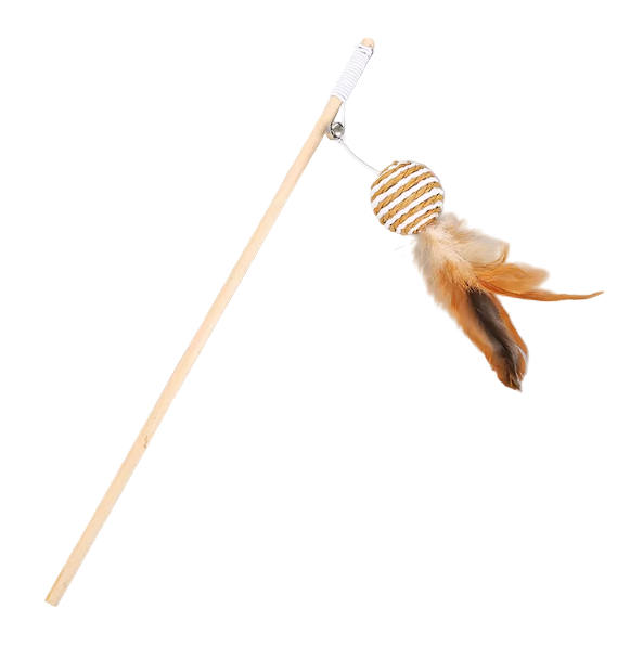 cat feather wand toy with wooden pole and jute lure