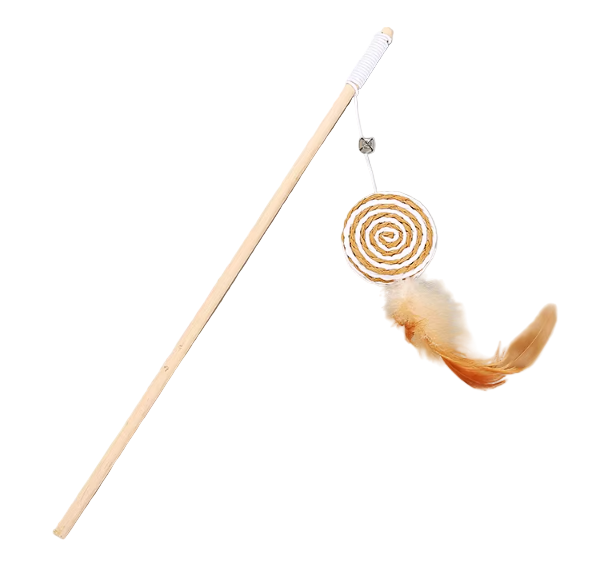 cat feather wand toy with wooden pole and jute lure