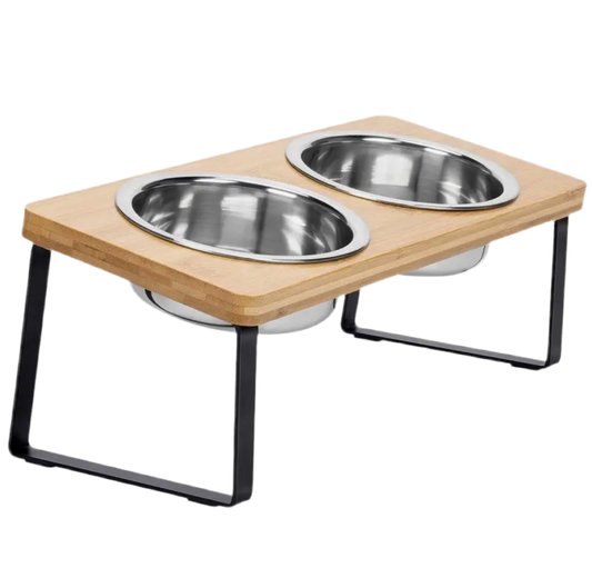 Elevated cat feeder bamboo stainless steel bowls – The High Table.
Raised cat feeding bowls with bamboo stand South Africa.
