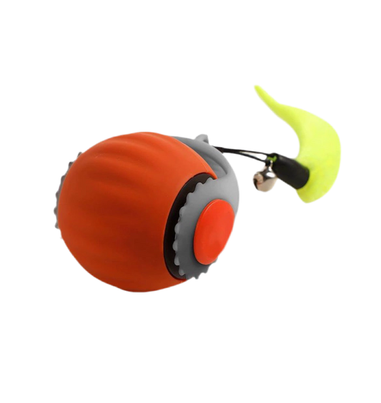 A red USB rechargeable interactive cat ball with a yellow tail. Press the button and keep your cat busy for hours. 