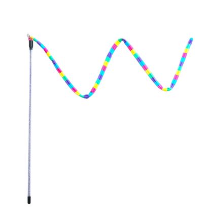A colourful cat teaser with a glitter-infused wand and colourful linen teaser. 