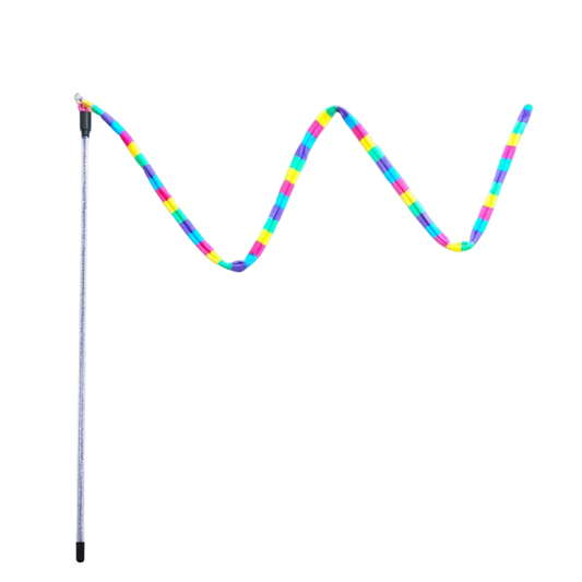 A colourful cat teaser with a glitter-infused wand and colourful linen teaser. 
